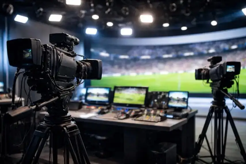 Fernsehstudio mit Kameras, Monitoren und Studiolicht bei einer Fußballübertragung im öffentlich-rechtlichen Fernsehen