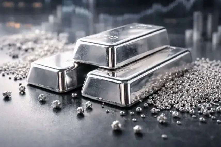 Mehrere silberne Barren und Silberkörner liegen auf einer dunklen Oberfläche, unscharfe industrielle Strukturen im Hintergrund