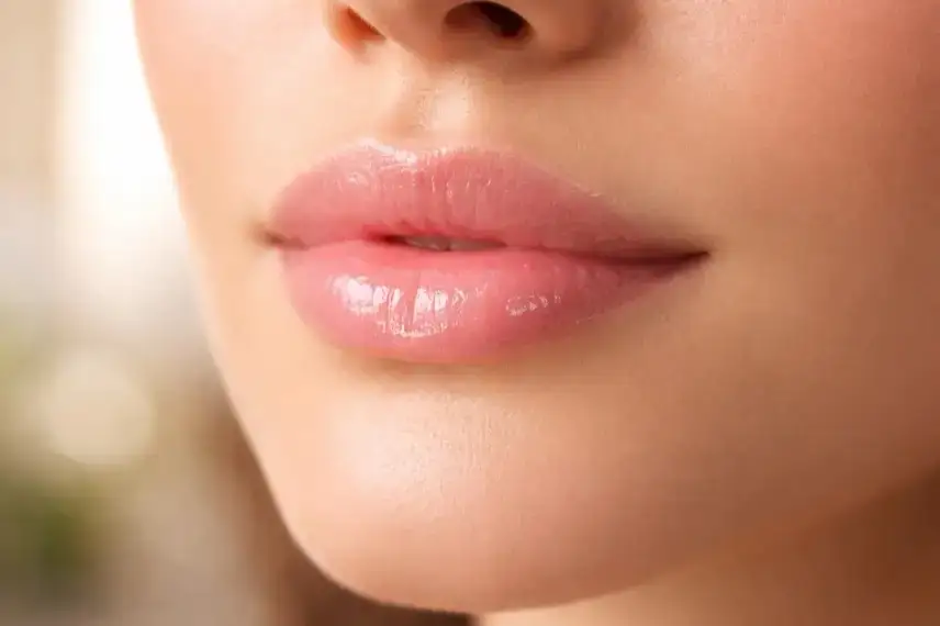 Nahaufnahme von gepflegten Lippen mit natürlichem Glanz vor neutralem Hintergrund, symbolisch für Lippenpflege und Lipgloss-Trend.