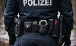 Nahaufnahme von hinten eines uniformierten Polizisten mit schwarzem Polizeigürtel, an dem Ausrüstung wie Handschellen und Taschen befestigt ist.