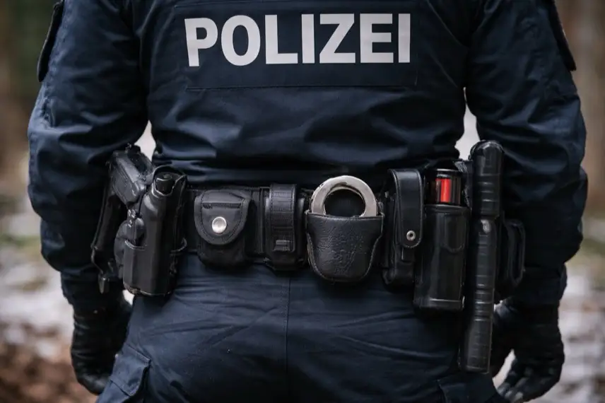 Nahaufnahme von hinten eines uniformierten Polizisten mit schwarzem Polizeigürtel, an dem Ausrüstung wie Handschellen und Taschen befestigt ist.