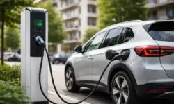 Öffentliche Ladesäule mit angeschlossenem Elektroauto auf einem Parkplatz in urbaner Umgebung, Tageslicht, ohne Menschen oder Beschriftungen.