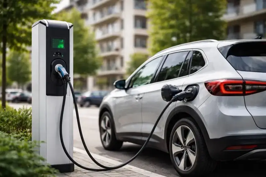 Öffentliche Ladesäule mit angeschlossenem Elektroauto auf einem Parkplatz in urbaner Umgebung, Tageslicht, ohne Menschen oder Beschriftungen.