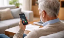 Älterer Mann von hinten sitzt auf einem Sofa und hält ein Smartphone in der Hand in einem hellen Wohnzimmer