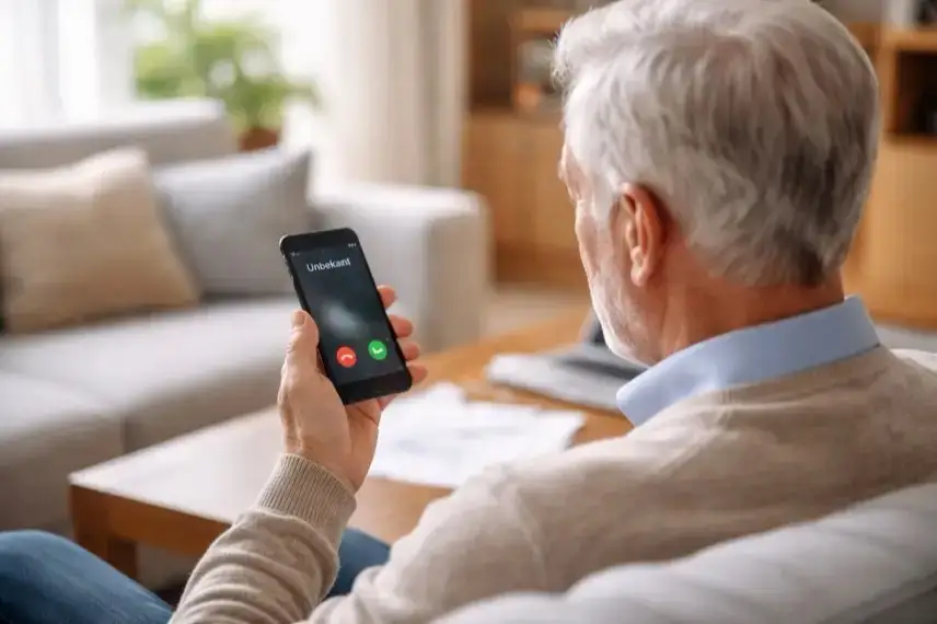 Älterer Mann von hinten sitzt auf einem Sofa und hält ein Smartphone in der Hand in einem hellen Wohnzimmer