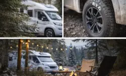 Kollage mit Waldcamping, Naturstraße und angedeutetem Wohnwagen, ergänzt durch Geländereifen als Symbol für 4×4-Antrieb