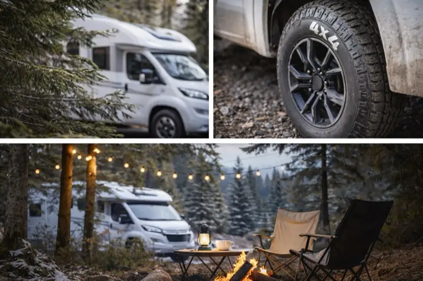 Kollage mit Waldcamping, Naturstraße und angedeutetem Wohnwagen, ergänzt durch Geländereifen als Symbol für 4×4-Antrieb