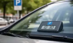 Elektronische Parkscheibe hinter einer Autoscheibe mit angezeigter Ankunftszeit auf einem öffentlichen Parkplatz