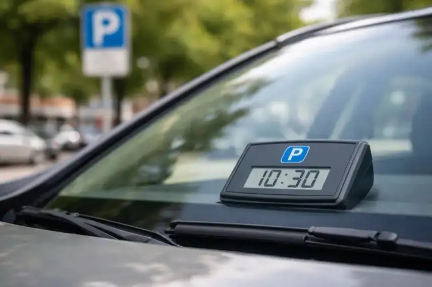 Elektronische Parkscheibe hinter einer Autoscheibe mit angezeigter Ankunftszeit auf einem öffentlichen Parkplatz
