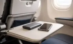 Powerbank und Smartphone liegen auf einem Flugzeugsitz in der Kabine, neutraler Innenraum eines Passagierflugzeugs, keine Personen oder Logos sichtbar.