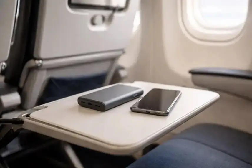 Powerbank und Smartphone liegen auf einem Flugzeugsitz in der Kabine, neutraler Innenraum eines Passagierflugzeugs, keine Personen oder Logos sichtbar.