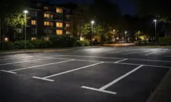 Leerer Parkplatz in einem Wohngebiet bei Nacht mit markierten Stellflächen und Wohnhäusern im Hintergrund, symbolisch für Parken über Nacht