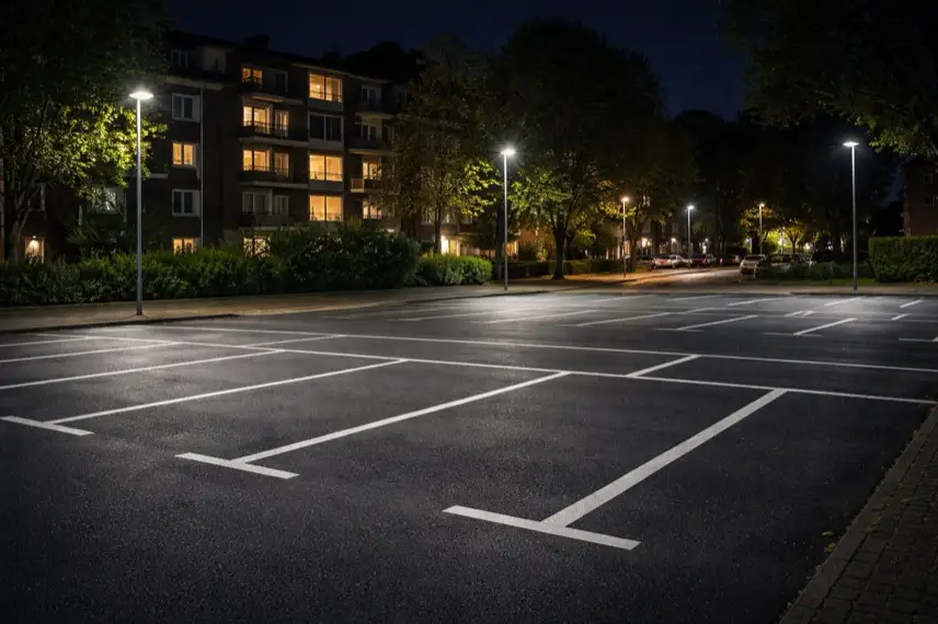 Leerer Parkplatz in einem Wohngebiet bei Nacht mit markierten Stellflächen und Wohnhäusern im Hintergrund, symbolisch für Parken über Nacht