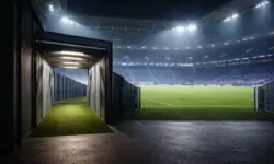 Nächtlich beleuchtetes Fußballstadion mit offenem Spielertunnel und Flutlichtmasten als Hintergrund, ruhige Atmosphäre ohne Menschen