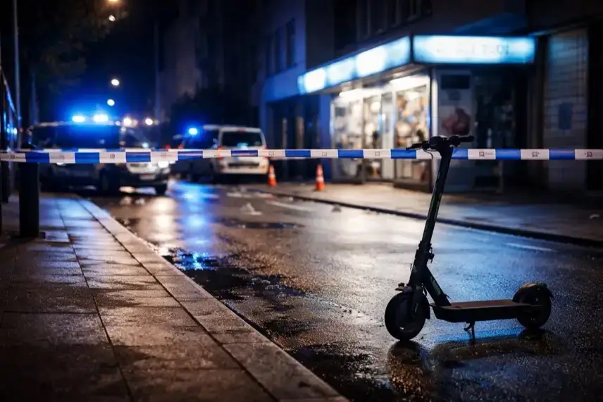 Nächtliche Straße in der Dortmunder Nordstadt mit abgesperrtem Kiosk, Polizeilicht und abgestelltem E-Roller am Fahrbahnrand.