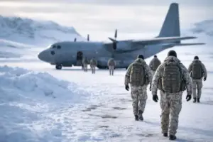 Verschneites Flugfeld in Grönland mit Transportflugzeug und uniformierten Silhouetten, die den Abzug von Bundeswehrsoldaten symbolisieren