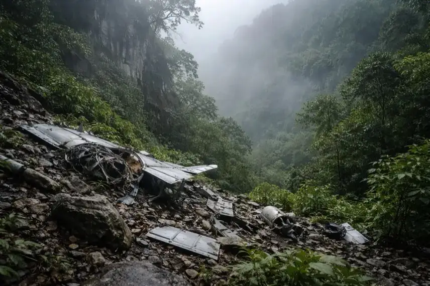 Nebeliger Berghang in Süd-Sulawesi mit verstreuten Flugzeugtrümmern nach einem Flugzeugabsturz in Indonesien