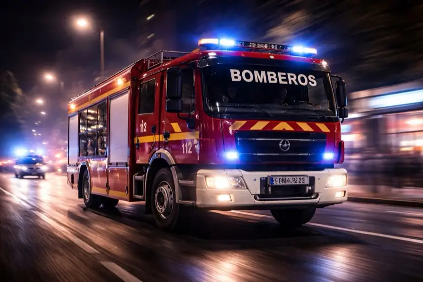 Spanisches Feuerwehrfahrzeug fährt nachts mit Blaulicht auf einer dunklen Straße, Einsatzfahrt bei Dunkelheit.