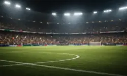 Beleuchtetes Fußballstadion bei Nacht mit leerem Spielfeld und unscharfen Tribünen nach einem Afrika-Cup-Finale