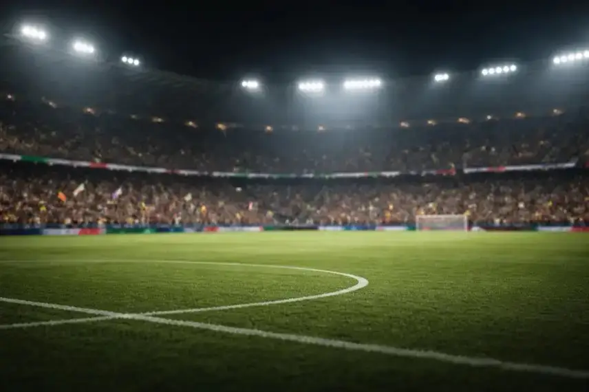 Beleuchtetes Fußballstadion bei Nacht mit leerem Spielfeld und unscharfen Tribünen nach einem Afrika-Cup-Finale