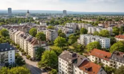 Wohnhäuser und Stadtquartiere in Karlsruhe mit unterschiedlicher Bebauungsdichte, Straßen und Grünflächen, aufgenommen aus erhöhter Perspektive.