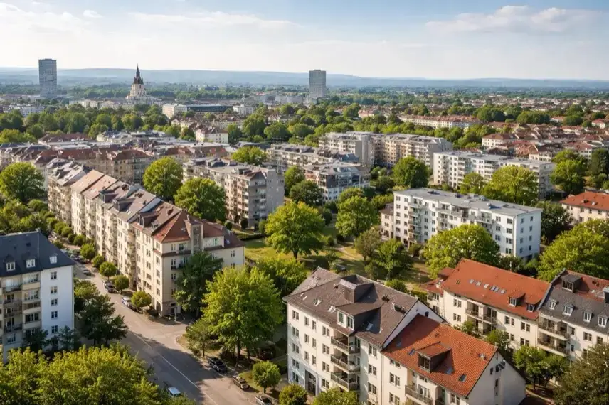 Wohnhäuser und Stadtquartiere in Karlsruhe mit unterschiedlicher Bebauungsdichte, Straßen und Grünflächen, aufgenommen aus erhöhter Perspektive.