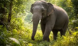 Elefant am Rand eines Waldgebiets nahe eines Dorfes in Jharkhand, Indien, bei Nacht