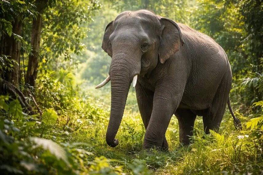 Elefant am Rand eines Waldgebiets nahe eines Dorfes in Jharkhand, Indien, bei Nacht