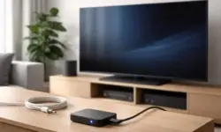 Fernseher in einem Wohnzimmer mit Kabelanschluss und internetbasiertem Empfangsgerät als Darstellung des Wechsels von Kabel-TV zu IPTV