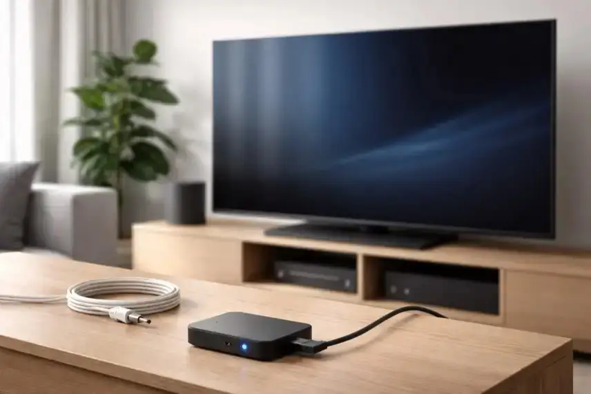 Fernseher in einem Wohnzimmer mit Kabelanschluss und internetbasiertem Empfangsgerät als Darstellung des Wechsels von Kabel-TV zu IPTV