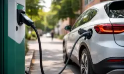 Elektroauto an öffentlicher Ladesäule in städtischer Umgebung, Ladekabel angeschlossen, modernes Fahrzeug im Alltagseinsatz