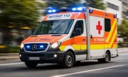 Fahrender Krankenwagen mit Blaulicht auf einer Stadtstraße bei Tageslicht, Hintergrund durch Bewegung leicht verschwommen