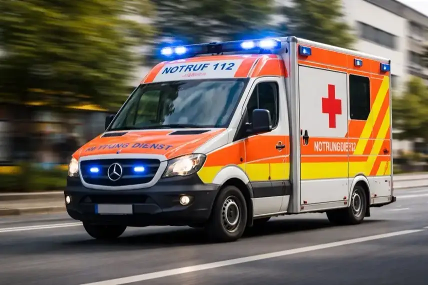 Fahrender Krankenwagen mit Blaulicht auf einer Stadtstraße bei Tageslicht, Hintergrund durch Bewegung leicht verschwommen