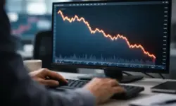 Abstrakte Börsengrafik mit fallender Aktienlinie auf einem Monitor, unscharfe Hände im Vordergrund, neutrale Darstellung der Marktentwicklung.