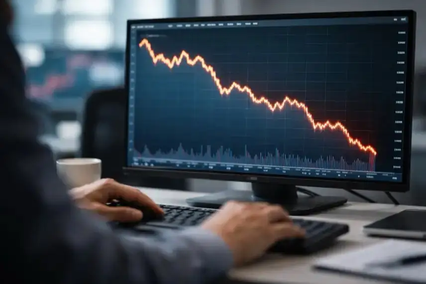 Abstrakte Börsengrafik mit fallender Aktienlinie auf einem Monitor, unscharfe Hände im Vordergrund, neutrale Darstellung der Marktentwicklung.
