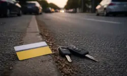 Leere Straße mit geparkten Autos, daneben eine neutrale Mitgliedskarte und ein Schlüsselbund als Symbol für Mobilität und Mitgliedschaft