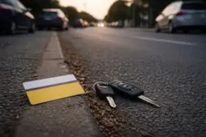 Leere Straße mit geparkten Autos, daneben eine neutrale Mitgliedskarte und ein Schlüsselbund als Symbol für Mobilität und Mitgliedschaft