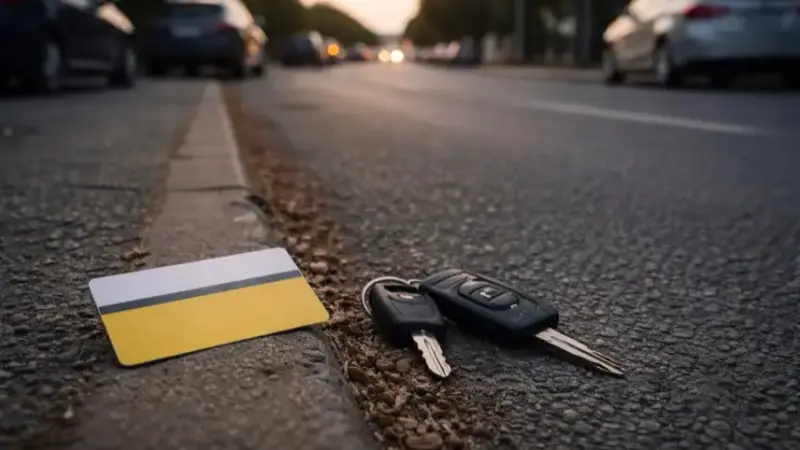Leere Straße mit geparkten Autos, daneben eine neutrale Mitgliedskarte und ein Schlüsselbund als Symbol für Mobilität und Mitgliedschaft