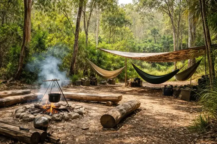 Lagerplatz im australischen Busch mit Hängematten und Feuerstelle, umgeben von Vegetation, bei Tageslicht
