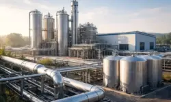 Industrieanlage zur Produktion von Bioenergie mit Tanks und Rohrleitungen vor Himmel, sinnbildlich für erneuerbare Energien und Energiemarkt.