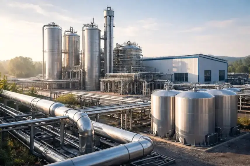 Industrieanlage zur Produktion von Bioenergie mit Tanks und Rohrleitungen vor Himmel, sinnbildlich für erneuerbare Energien und Energiemarkt.