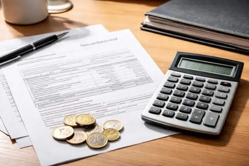 Steuerbescheid, Taschenrechner und Münzen auf einem Schreibtisch als Darstellung von Steuern, Solidaritätszuschlag und Einkommensteuer in Deutschland