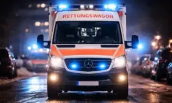 Krankenwagen steht frontal bei Nacht auf einer Straße, Blaulicht eingeschaltet, Einsatzfahrzeug im urbanen Umfeld