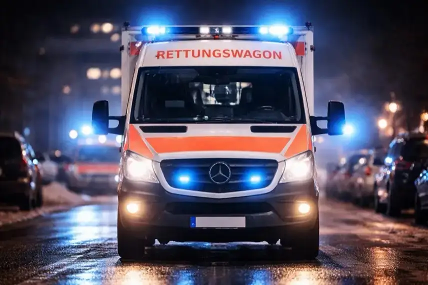 Krankenwagen steht frontal bei Nacht auf einer Straße, Blaulicht eingeschaltet, Einsatzfahrzeug im urbanen Umfeld