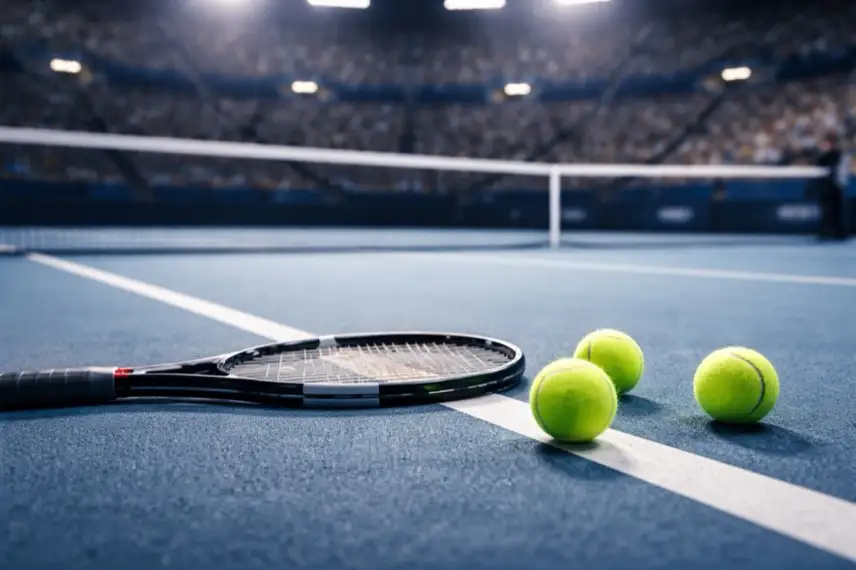 Leerer Hartplatz in einer Tennisarena mit Tennisschläger und Bällen im Vordergrund, unscharfe Tribünen im Hintergrund
