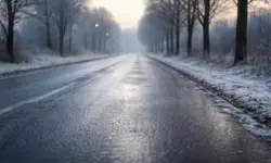 Vereiste Straße mit Reif und kahlen Bäumen bei winterlichem Morgenlicht in Deutschland während Frost und Glätte.