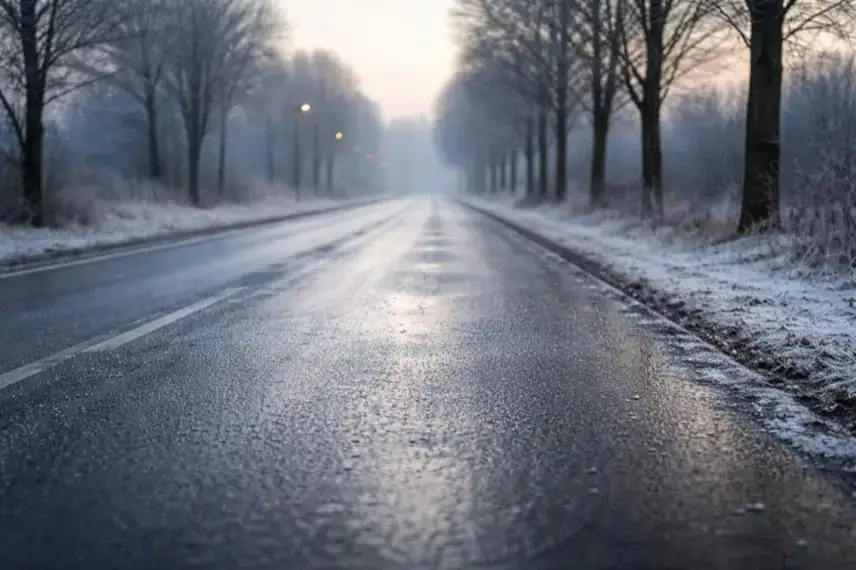 Vereiste Straße mit Reif und kahlen Bäumen bei winterlichem Morgenlicht in Deutschland während Frost und Glätte.