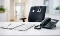 Telefon und Schreibtisch in einer neutralen Arztpraxis als Sinnbild für telefonische Krankschreibung und medizinische Beratung