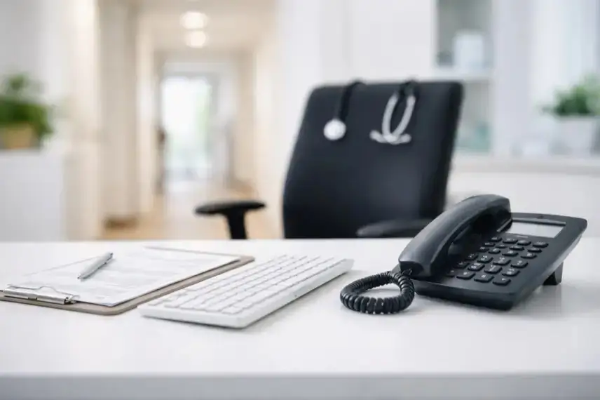 Telefon und Schreibtisch in einer neutralen Arztpraxis als Sinnbild für telefonische Krankschreibung und medizinische Beratung