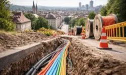 Offene Straße mit verlegten Glasfaserkabeln vor Stadt- und Landschaftspanorama als Darstellung des Glasfaserausbaus in Europa